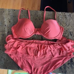 J. Crew ruffle bikini swimsuit set rusty coral salmon